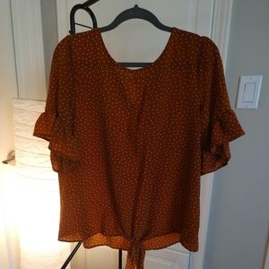 Orange & White Polka Dot Ruffle Sleeve Work Top XL